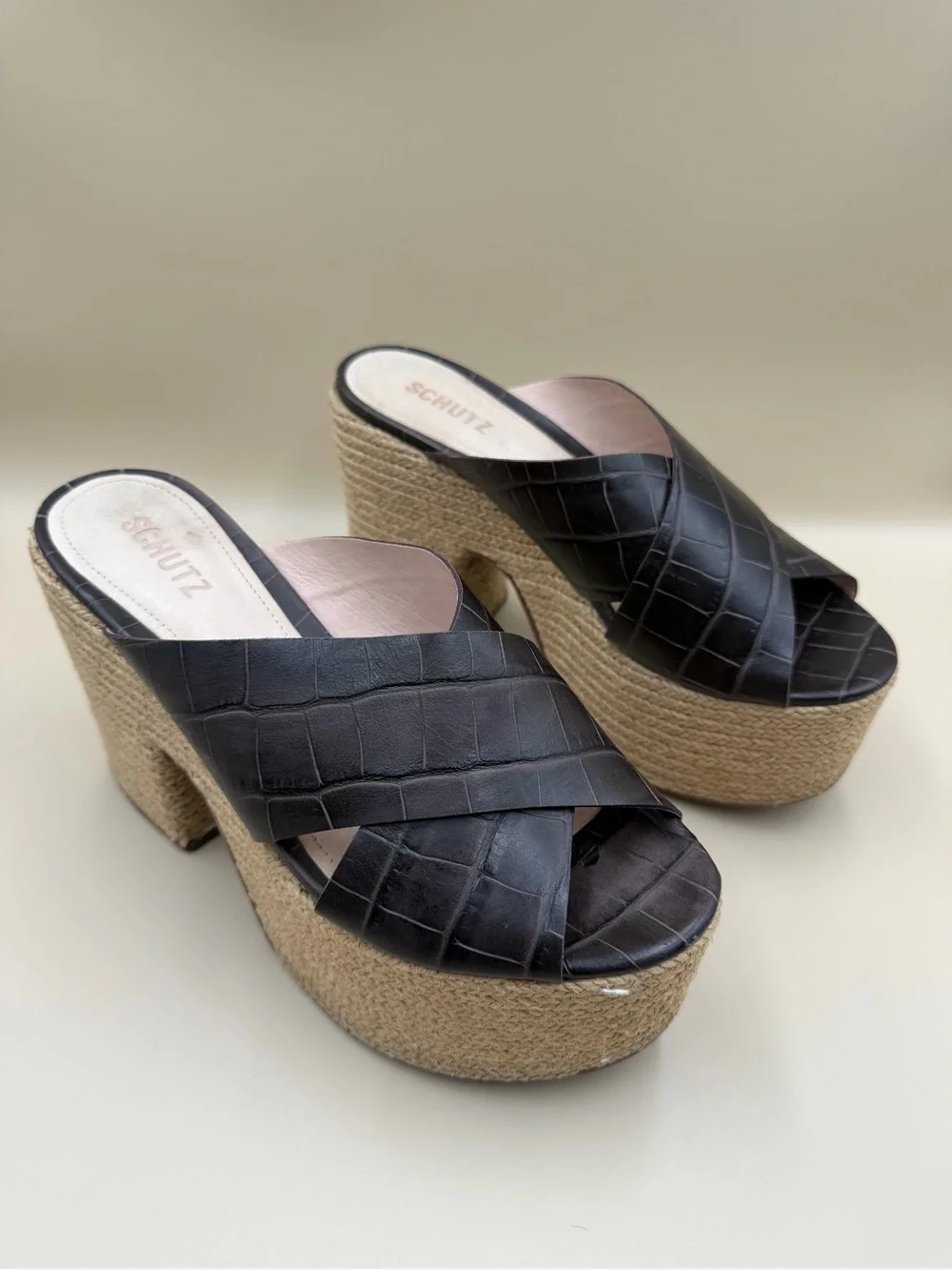 Schutz Brown Croc Embossed Platform Mule Sandals Size 9B